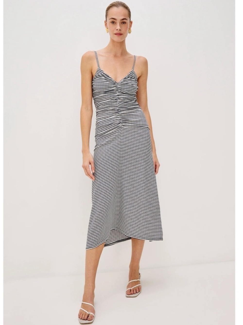 Rails Mari Seersucker Ruched Gingham Midi Dress Navy White Size Medium